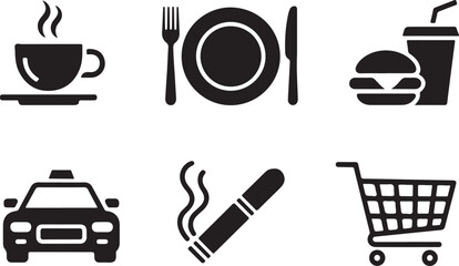 A Variety of Black and White Pictograms Representing Food, Transport, and Leisure Activities