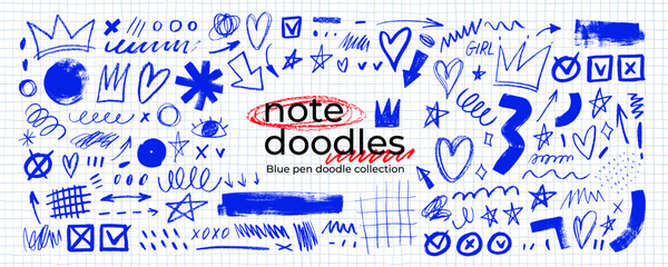 Blue hand drawn crayon doodles, scribbles and note elements. Hand drawn crayon or doodle vector design.