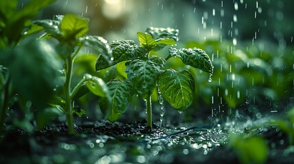 Refreshing rain nourishing vibrant green plants, promoting growth and renewal in nature's embrace, creating a sense of tranquility and environmental harmony