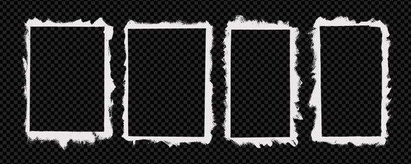 Grunge vintage photo frames with snow effect edges. Old blank overlay rectangle texture set with damaged effect borders.