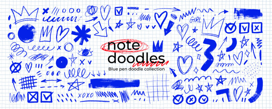 Blue hand drawn crayon doodles, scribbles and note elements. Hand drawn crayon or doodle vector design.