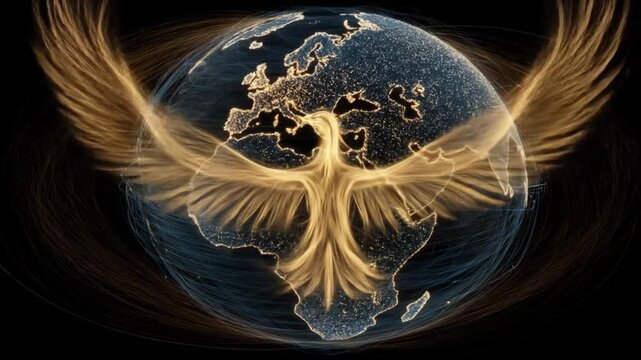 Golden phoenix on earth globe