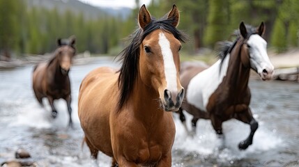 Obraz premium Three horses walk together in a river, with mountains and trees providing a picturesque backdrop during a sunny afternoon