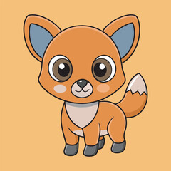 Adorable cartoon fox with big eyes and a fluffy tail on orange background