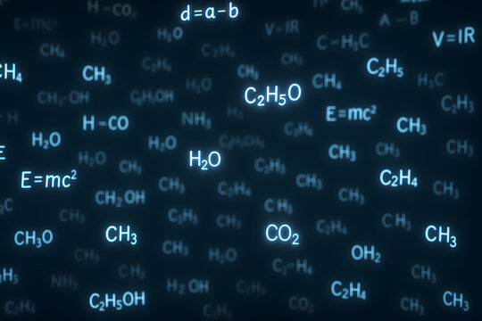 Glowing chemical formulas and molecular equations like H2O, CO2, CH3, E=mc2 on dark blue backdrop, symbolizing chemistry, science, education, and scientific research.