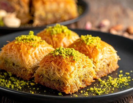 Golden baklava squares on dark plate