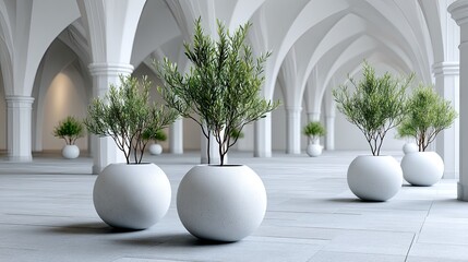 Indoor garden displays modern round planters with lush green plants in an elegant architectural space with high arches and light