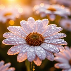 A beautiful daisy flower covered in morning dew drops and illuminated by a warm, golden sun flare, creating a serene, peaceful, and vibrant nature background.