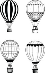 Obraz premium Hot air balloon illustration, vintage design, black and white drawing, travel concept, adventure art, retro style, aviation sketch, decorative element, whimsical artwork, floating balloon