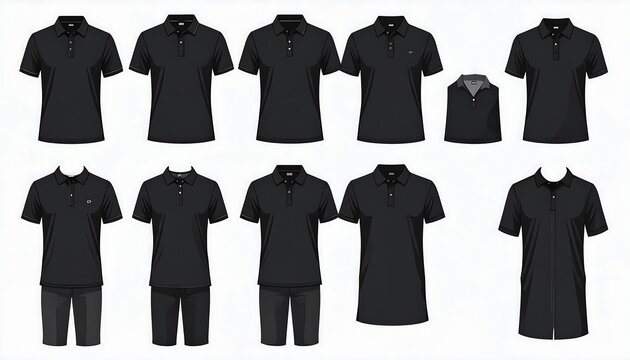 Various black polo shirts and shorts