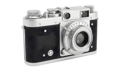 A classic retro-style analog film camera viewed from an angle, a plain object meticulously isolated on a clean white background with no shadow