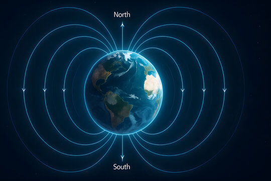 Earth magnetic field lines illustration showing geomagnetic north and south poles, visualization of planet magnetosphere, magnetic force concept in physics education, space science global energy prote