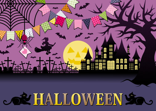 ハロウィンのイラスト背景用デザイン「蜘蛛の巣ガーランドと洋館と墓地の見える夜景」コピースペース
（Halloween illustration background design "Night view of spider web garland, Western-style house, and cemetery" copy space.）