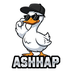 Cool cartoon duck character with hat sunglasses and text ashhap logo