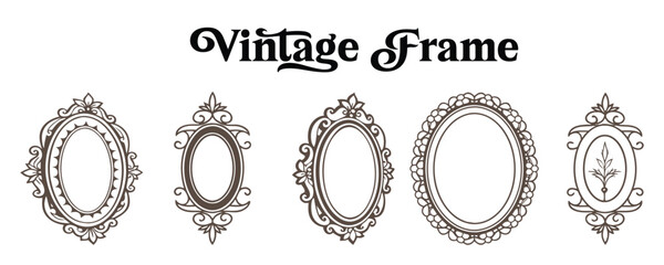 Collection of five ornate vintage oval frames with decorative elements and flourishes in an elegant antique style