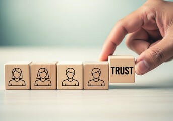 Title: Inspirational business concept image of wooden blocks with team icons and a hand placing a TRUST block, ideal for corporate training, leadership workshops, or HR branding materials, symbolizing