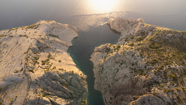 Aerial view of a dramatic canyon and cliffs taken in Croatia. Zavratnica Bay