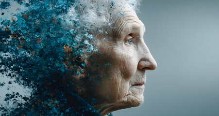 Exploring the struggles of dementia and memory loss in aging individuals, copy space. Generative AI.