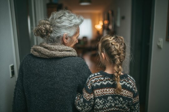 Authentic Grandparents Day Family Moment Warm Elder Care Support with Millennial Child in Cozy Autumn Home for Seasonal Marketing Campaigns