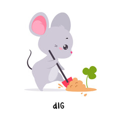Little Mouse Dig Ground Demonstrating English Verbs for Educational Activity Vector Illustration