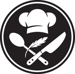 Chef hat spoon knife and feather emblem for culinary arts