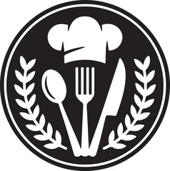 Chef hat spoon knife and feather emblem for culinary arts