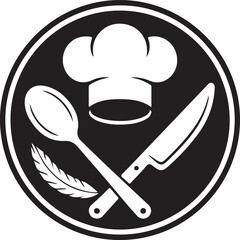 Chef hat spoon knife and feather emblem for culinary arts