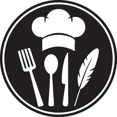 Chef hat spoon knife and feather emblem for culinary arts