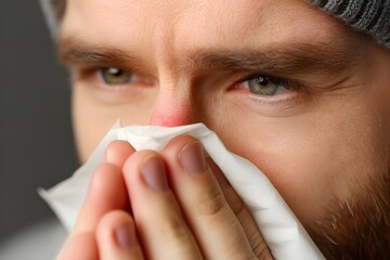 Sick man blowing nose into tissue suffering from cold or flu. Seasonal illness, allergies and healthcare. Sneezing into tissue paper. Runny nose. Patient. Seasonal influenza. Covid 