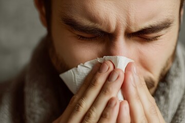 Sick man blowing nose into tissue suffering from cold or flu. Seasonal illness, allergies and healthcare. Sneezing into tissue paper. Runny nose. Patient. Seasonal influenza. Covid 