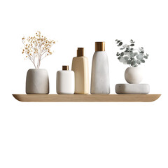 Minimalist floating shelves with small green succulents and candles, aesthetic home decor, isolated PNG on white
