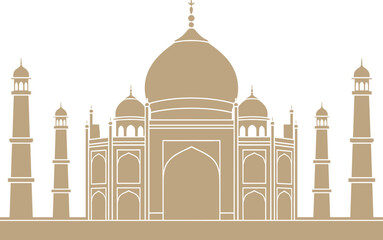 Taj Mahal illustration featuring central dome, minarets, Mughal architecture, symmetrical design, Indian heritage monument, and historic cultural landmark vector