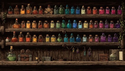 Colorful potions on rustic shelves