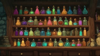 Shelves filled with colorful potions