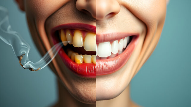 Split concept image one side showing a smokers yellow teeth and inflamed gums the other side showing a healthy smile after quitting smoking