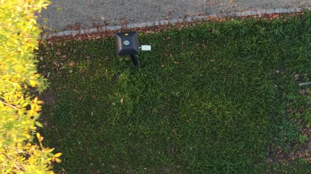 Outdoor car parking with handicapped symbol icon. Parking places reserved for disabled person. Aerial top drone view.