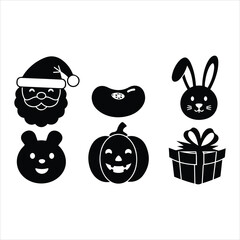 Festive holiday icons set santa claus pumpkin easter bunny gift box and bean silhouette graphics