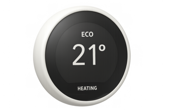 Smart home thermostat displaying eco mode heating 21 degrees