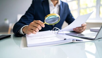Auditor Scrutinizes Corporate Paperwork Using Magnifying Glass for Fraud Detection