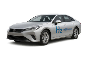 Naklejka premium Silver hydrogen fuel cell car representing sustainable modern transportation
