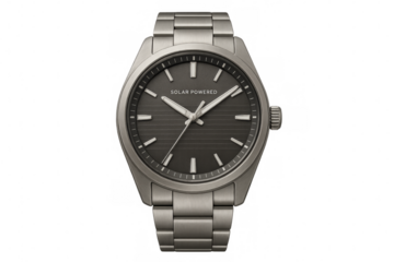 Silver solar powered analog wristwatch on transparent background