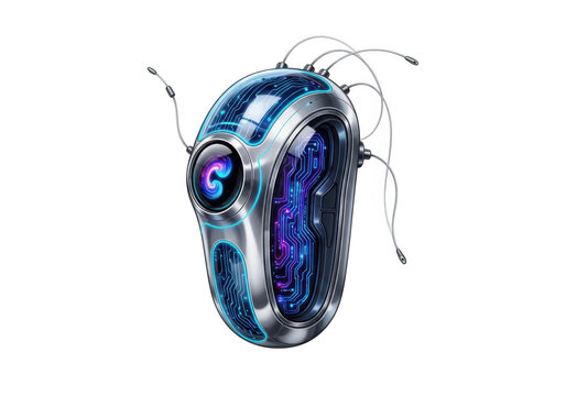 Futuristic alien bio-mechanical drone with glowing blue energy core