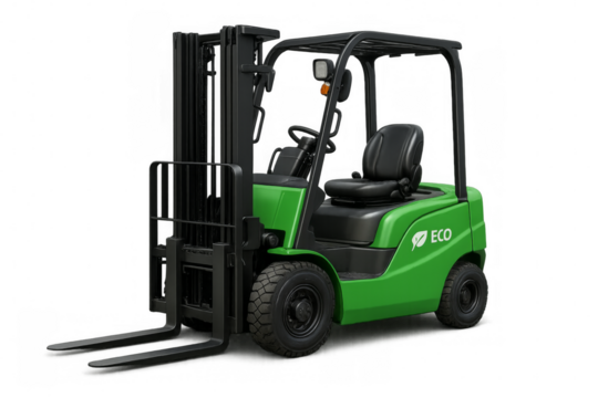 Green electric forklift showing eco friendly warehouse logistics