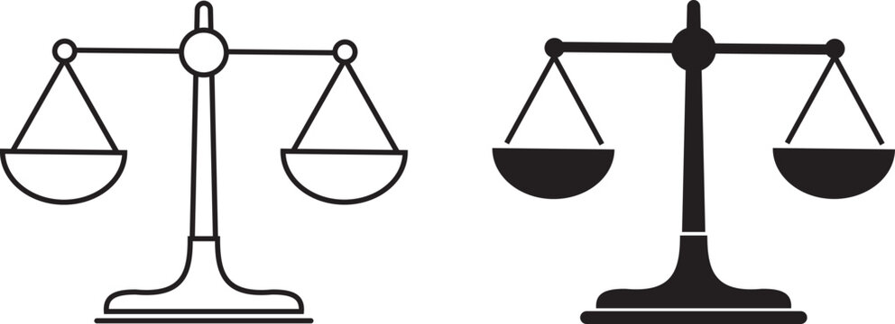 Scales of justice vector icon set. Minimalist black silhouette of a balance scale representing justice, fairness, equilibrium and libra concepts. Law and legal icon isolated on transparent background.