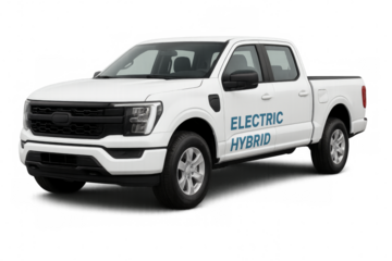 White electric hybrid pickup truck on transparent background