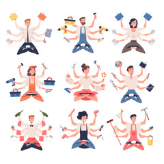 Multitasking People Character with Many Hands Vector Set