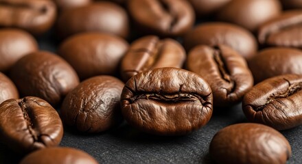 Fototapeta premium Closeup of roasted coffee beans on a dark textured surface
