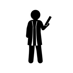 Stick figure in graduation gown presenting information with diploma or certificate