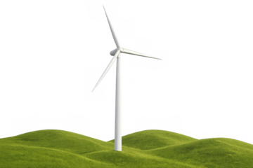 Wind turbine on green hills generating clean energy