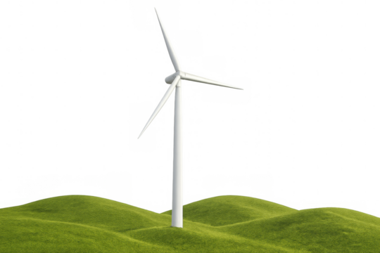 Wind turbine on green hills generating clean energy
